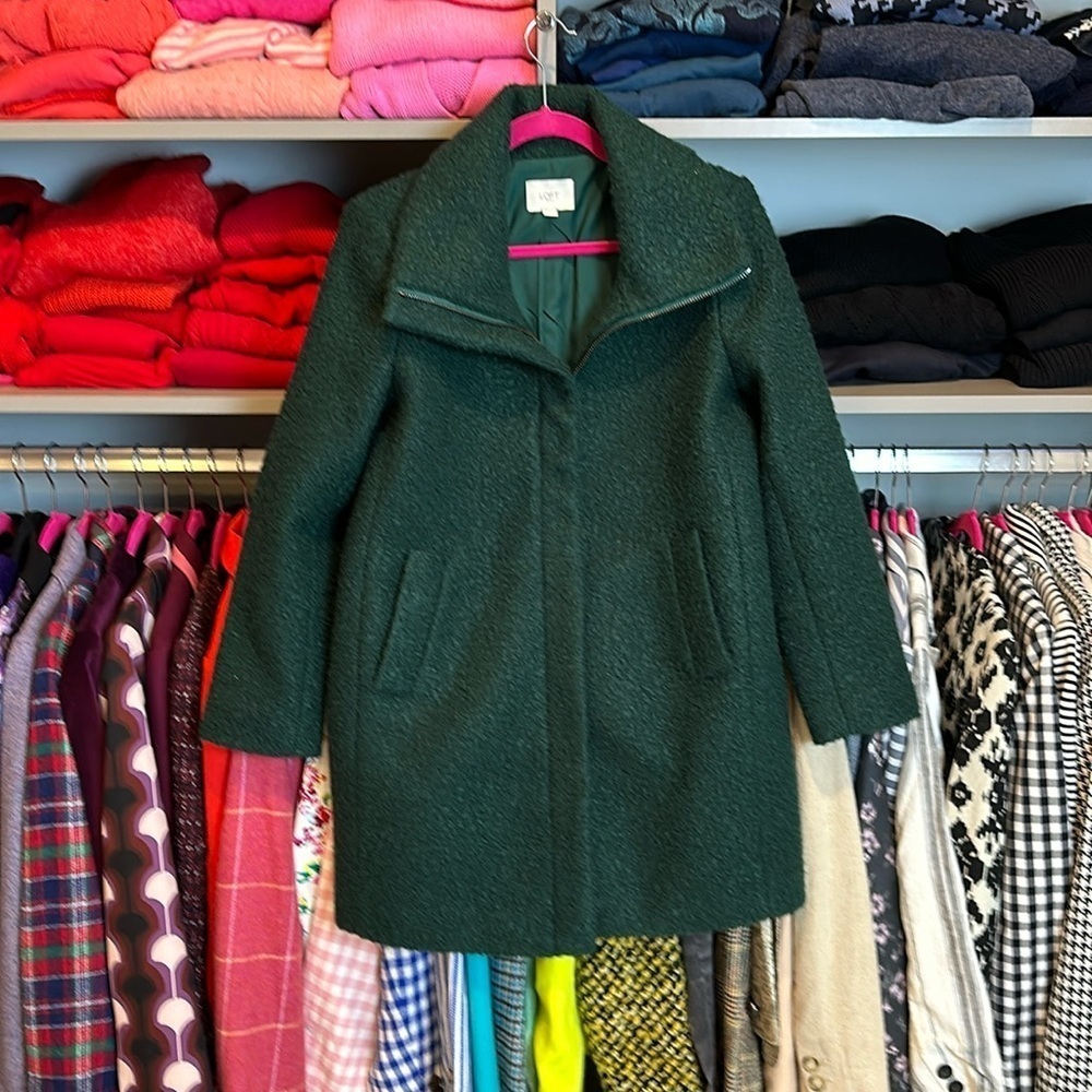 Loft forrest green boucle knee length coat size XS